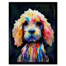 "Artery8 Wall Art Print Bright Abstract Colourful Dog Spaniel Cavapoo Cockapoo Art Framed in Black - Size: W12"" x H16""" - thumbnail 1