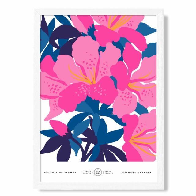 ARTZE Abstract Pink & Blue Orchid Flower Market Gallery Framed Print SIZE: A2 with White Frame in Mid Blue - Size: A4 - image 1