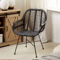 Wyld and Coco Black Rattan Armchair Wicker Detailing Black Metal Legs W64 x D62cm - thumbnail 1