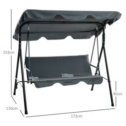 OUTSUNNY Outdoor Metal Hammock Swing Chair 3-Seater Patio Bench Garden in Grey - thumbnail 3