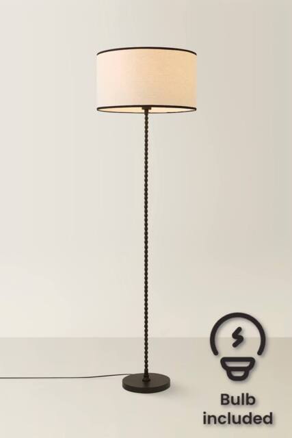 ValueLights Maeve Natural Shade with Black Trim Bobbin Black Floor Lamp & Bulb - image 1