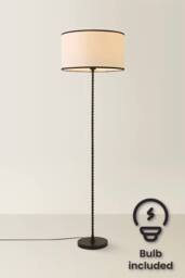 ValueLights Maeve Natural Shade with Black Trim Bobbin Black Floor Lamp & Bulb