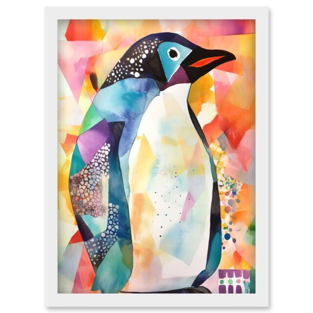 Artery8 Polygon Colour Penguin Folk Art Artwork Framed Wall Art Print A4 in White - image 1