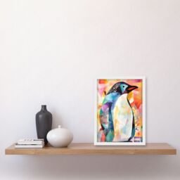 Artery8 Polygon Colour Penguin Folk Art Artwork Framed Wall Art Print A4 in White - thumbnail 2