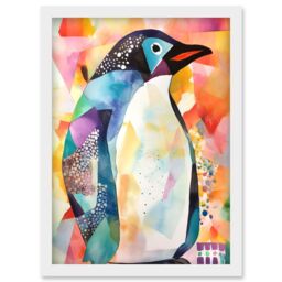 Artery8 Polygon Colour Penguin Folk Art Artwork Framed Wall Art Print A4 in White - thumbnail 1