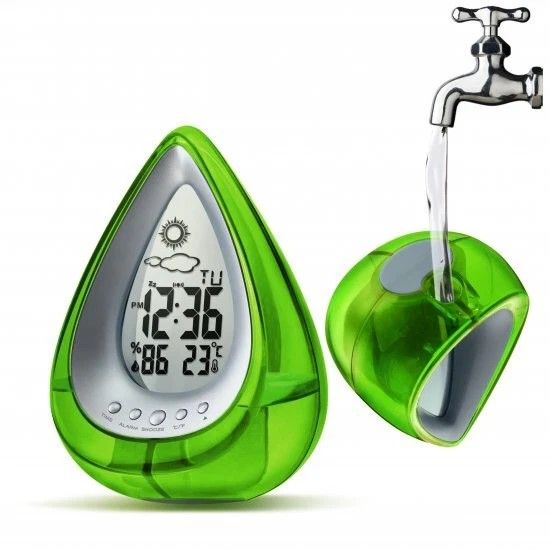 Smart Living Water Powered Multi Function Digital Battery-Free Drop Shape Desk Clock in Green - image 1
