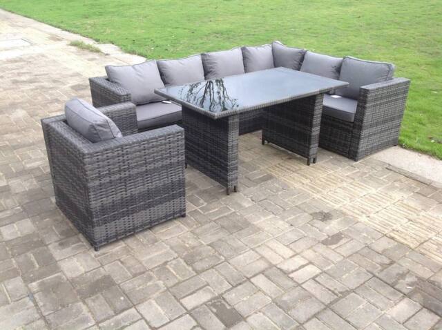 Fimous Lounge Rattan Corner Sofa Set Outdoor Garden Furniture Rectangular Dining Table Chair in Dark Grey - image 1