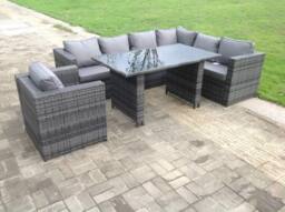 Fimous Lounge Rattan Corner Sofa Set Outdoor Garden Furniture Rectangular Dining Table Chair in Dark Grey - thumbnail 2