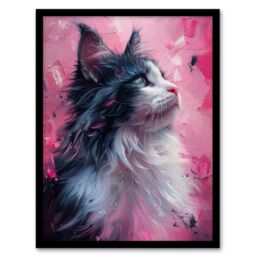 "Artery8 Wall Art Print Maine Coon Cat in Hot Pink Painting Animal Lover Art Framed Poster in Black - Size: W12"" x H16""" - thumbnail 1