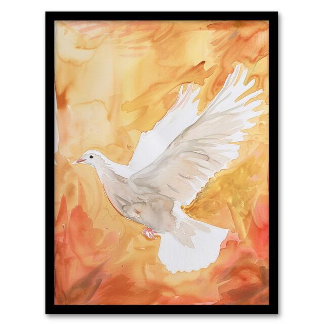 "Artery8 White Peace Dove Warm Orange Red Watercolour Framed Art Print - Size: W12"" x H16""" - image 1