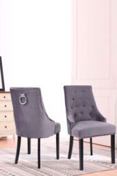 Neo Set of Two Studded Velvet Dining Chair with Ring Knocker Detail in Dark Grey - thumbnail 2
