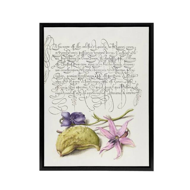 "Artery8 Violet Blooms & Gourd Calligraphy Framed Canvas Wall Art Print in White - Size: W12"" x H16""" - image 1