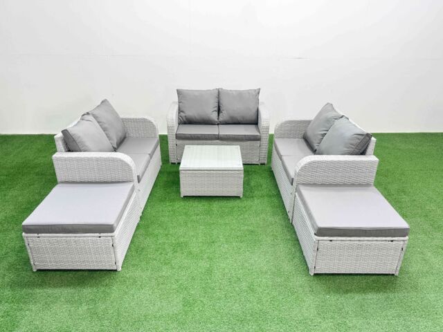 Fimous 8 Seater PE Wicker Rattan Furniture Sofa Sets with Square Coffee Table 2 Seater Love Sofa 2 Big Footstool Light Grey - image 1