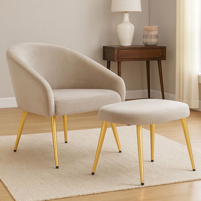Orsina Midnight Blue Velvet Arm Chair with Footstool, Velvet Upholstered Accent Chair & Footstool, Armchair Set in Beige - image 1