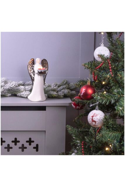Netagon Ceramic Christmas Festive Winged Angel Tealight Holder Ornament- Silver in White - image 1