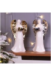 Netagon Ceramic Christmas Festive Winged Angel Tealight Holder Ornament- Silver in White - thumbnail 3