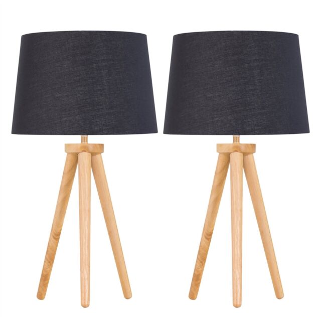 First Choice Lighting Set of 2 Light Oak Table Lamp or Bedside Lights with Black Gold Shades in Brown - image 1