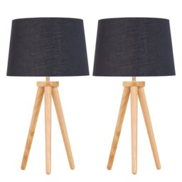 First Choice Lighting Set of 2 Light Oak Table Lamp or Bedside Lights with Black Gold Shades in Brown