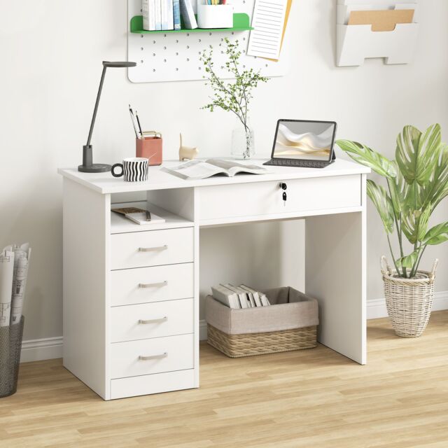 HOMCOM Computer Desk Writing Desk with Five Drawers for Home Office in White - image 1