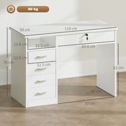 HOMCOM Computer Desk Writing Desk with Five Drawers for Home Office in White - thumbnail 3