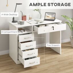 HOMCOM Computer Desk Writing Desk with Five Drawers for Home Office in White - thumbnail 5