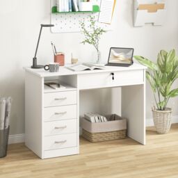 HOMCOM Computer Desk Writing Desk with Five Drawers for Home Office in White - thumbnail 1