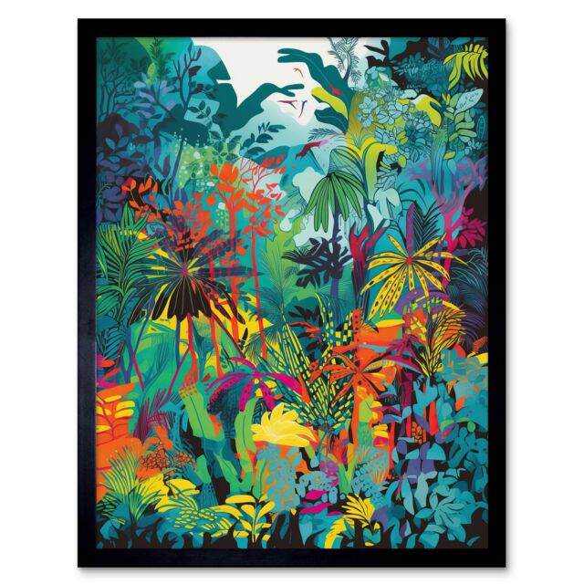 "Artery8 Wall Art Print Rainforest Landscape Vibrant Multicoloured Nature Art Framed in Black - Size: W12"" x H16""" - image 1