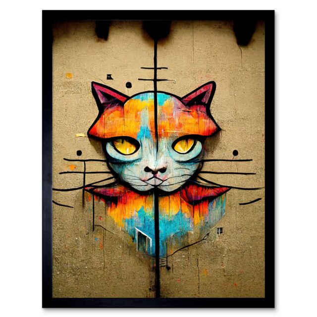 "Artery8 Wall Art Print Vibrant Symmetrical Street Art Mural Graffiti Cat Art Framed in Black - Size: W12"" x H16""" - image 1