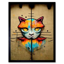 "Artery8 Wall Art Print Vibrant Symmetrical Street Art Mural Graffiti Cat Art Framed in Black - Size: W12"" x H16""" - thumbnail 1