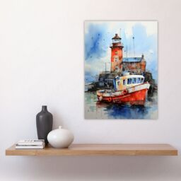 Artery8 Scottish Harbour Fishing Boats Lighthouse Modern Watercolour Artwork Blue & Red Large Wall Unframed Art Poster Print Thick Paper 18X24 Inch - thumbnail 4