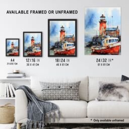 Artery8 Scottish Harbour Fishing Boats Lighthouse Modern Watercolour Artwork Blue & Red Large Wall Unframed Art Poster Print Thick Paper 18X24 Inch - thumbnail 3