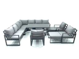 Fimous 12 Seater Outdoor Aluminum Garden Furniture Set Corner Sofa 3 Chair 2 Big Footstools Adjustable Rising Lifting Dining Table Sets Dark Grey - thumbnail 2