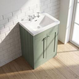 Balterley 600mm Floor Standing 2 Door Unit & Minimalist Basin 3 Tap Hole - Green - thumbnail 3