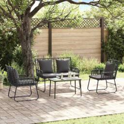 Berkfield Home Garden Dining Set with Pillow 3 pcs Poly rattan, steel in Black - thumbnail 2