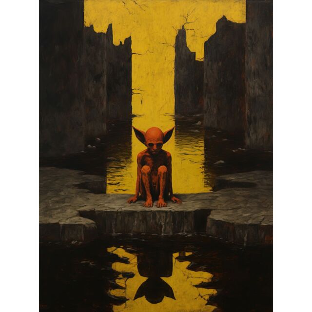 "Artery8 Wall Art Print Nosferatu Lair Conceptual Art Oil Painting Yellow Sky Castle Ruins Red Demon Water Reflection Poster - Size: W24"" x H32""" - image 1
