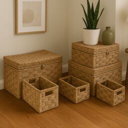 Orsina Set Of 6 Water Hyacinth Storage Baskets, Woven Storage Baskets With Loop & Side Handles, Hyacinth Basket in Natural