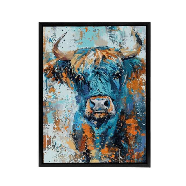 "Artery8 Highland Cow Scottish Hairy Coo Framed Canvas Wall Art Print in Blue - Size: W12"" x H16""" - image 1