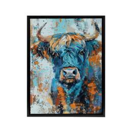 "Artery8 Highland Cow Scottish Hairy Coo Framed Canvas Wall Art Print in Blue - Size: W12"" x H16""" - thumbnail 1