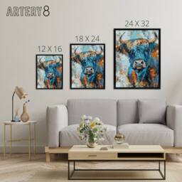 "Artery8 Highland Cow Scottish Hairy Coo Framed Canvas Wall Art Print in Blue - Size: W12"" x H16""" - thumbnail 4