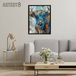 "Artery8 Highland Cow Scottish Hairy Coo Framed Canvas Wall Art Print in Blue - Size: W12"" x H16""" - thumbnail 3