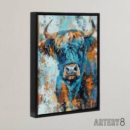 "Artery8 Highland Cow Scottish Hairy Coo Framed Canvas Wall Art Print in Blue - Size: W12"" x H16""" - thumbnail 2