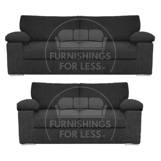 Furnishings For Less UK Delta Fabric Sofa Suite Padded Arms Jumbo Cord 3 & 2 Seater in Black - image 1