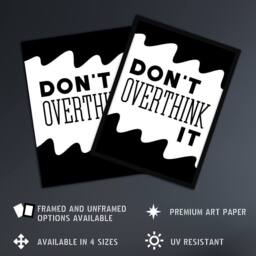 "Artery8 Don't Overthink It Black White Motivational Simple Wall Art Print - Size: W12"" x H16""" - thumbnail 2