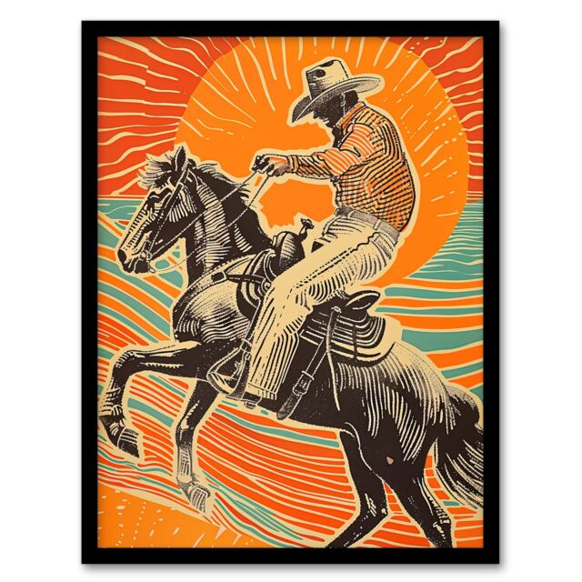 "Artery8 Abstract Cowboy on Horse Sunset Western America Framed Art Print in Orange - Size: W12"" x H16""" - image 1