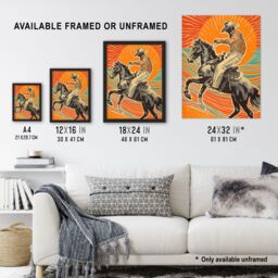 "Artery8 Abstract Cowboy on Horse Sunset Western America Framed Art Print in Orange - Size: W12"" x H16""" - thumbnail 3