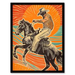 "Artery8 Abstract Cowboy on Horse Sunset Western America Framed Art Print in Orange - Size: W12"" x H16""" - thumbnail 1