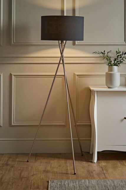 ValueLights Camden Brushed Chrome Tripod Floor Lamp with Charcoal Drum Lamp Shade - image 1