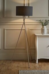 ValueLights Camden Brushed Chrome Tripod Floor Lamp with Charcoal Drum Lamp Shade