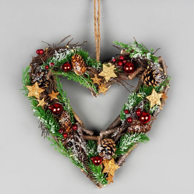 Shatchi 30cm Prelit Heart Wreath Battery Operated - Wooden Twigs Base Decorated - image 1
