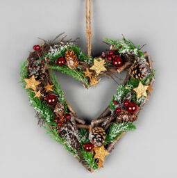 Shatchi 30cm Prelit Heart Wreath Battery Operated - Wooden Twigs Base Decorated - thumbnail 1